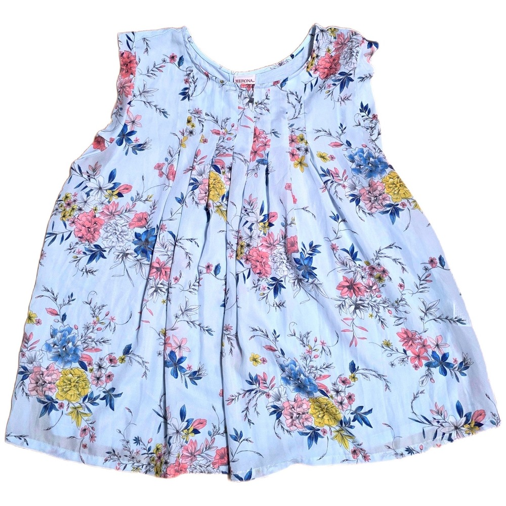 Merona Light B Floral Tunic Top Women's Size L Light Blue Pleated